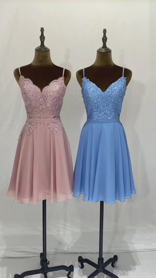 Light Blue pink deep V neck open back embroidery sleeveless A line chiffon short prom dresses for Europe