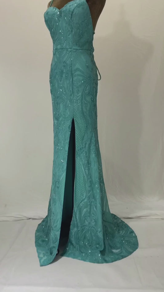 High quality Turquoise sweetheart sequin with pattern mermaid prom evening dress with slit