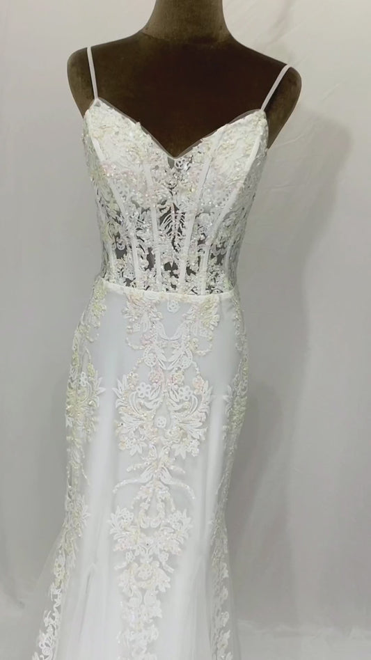 Unique sleeveless corset style V-neck spaghetti straps sparkle glitter white mermaid prom Evening Dress