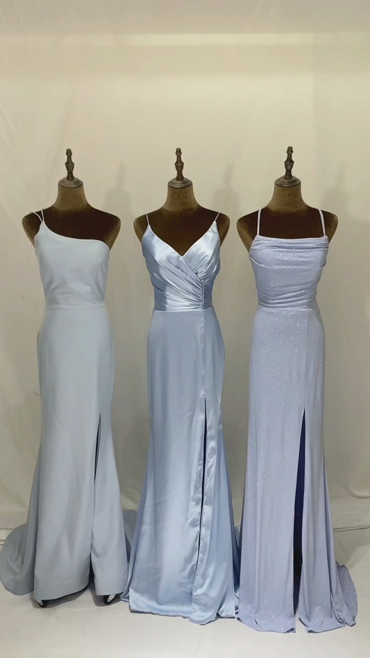 light blue One Shoulder High Slit Simple Solid Color small train Party Women Evening Dresses