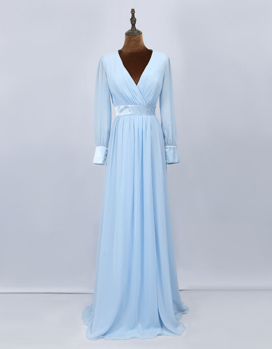 Blue long Sleeve chiffon pleated A line satin belt cuffs bridesmaid evening dress