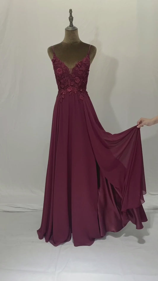 Burgundy light blue floor length 3D floral Lace Up Back Deep V Neck back chiffon Prom Dresses