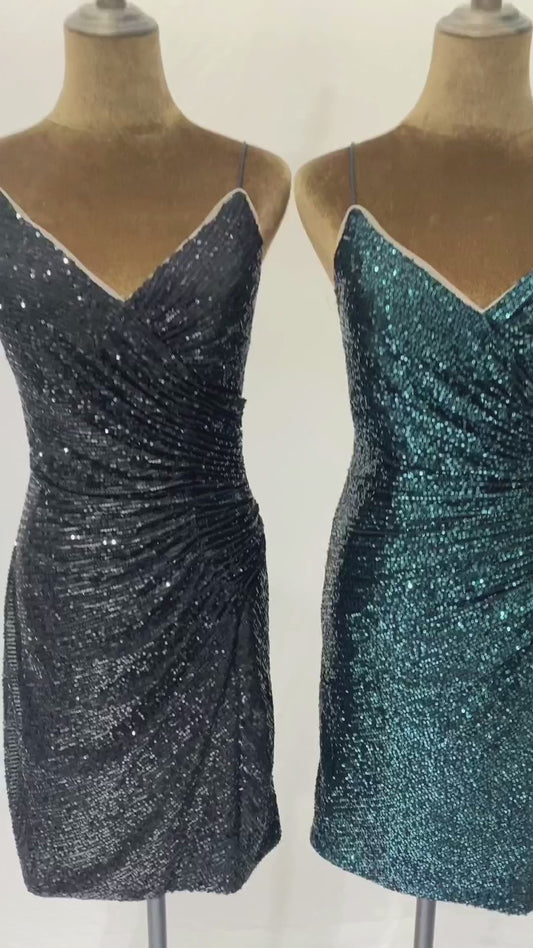 Short Length Deep V Neckline Pleat Sexy Solid Color Sequin Homecoming Dress